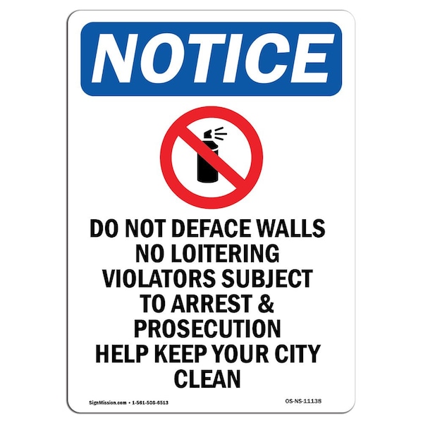 Safety Sign, OSHA Notice, 5" Height, Do Not Deface Walls Sign With Symbol, Portrait, 10PK